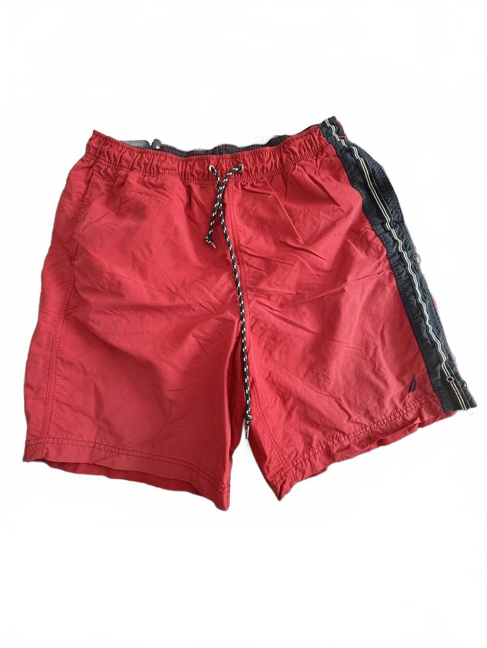Nautica Men's Red Swim Shorts with Navy Side Stripe, Size L